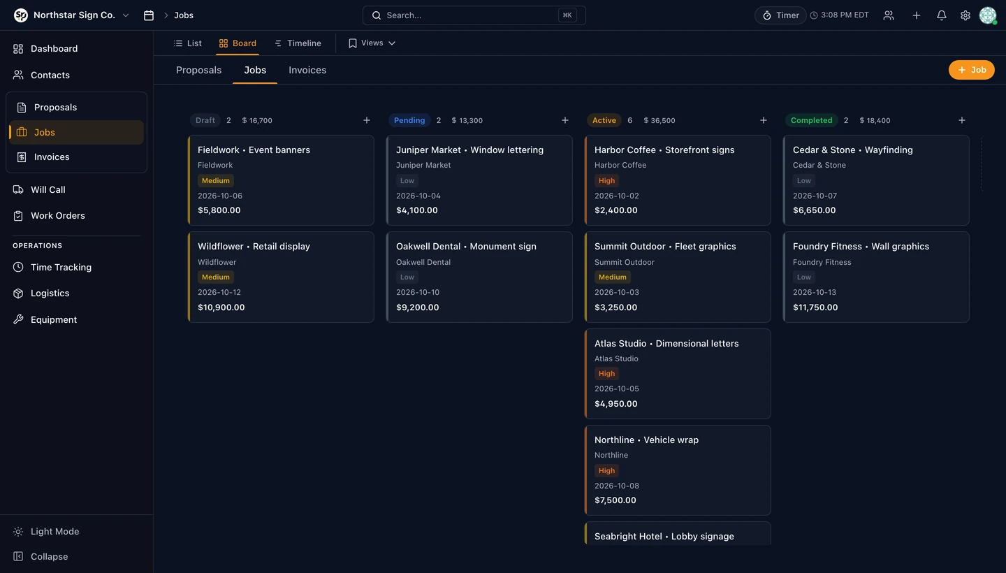 SignPro Jobs interface populated with example sign-shop data